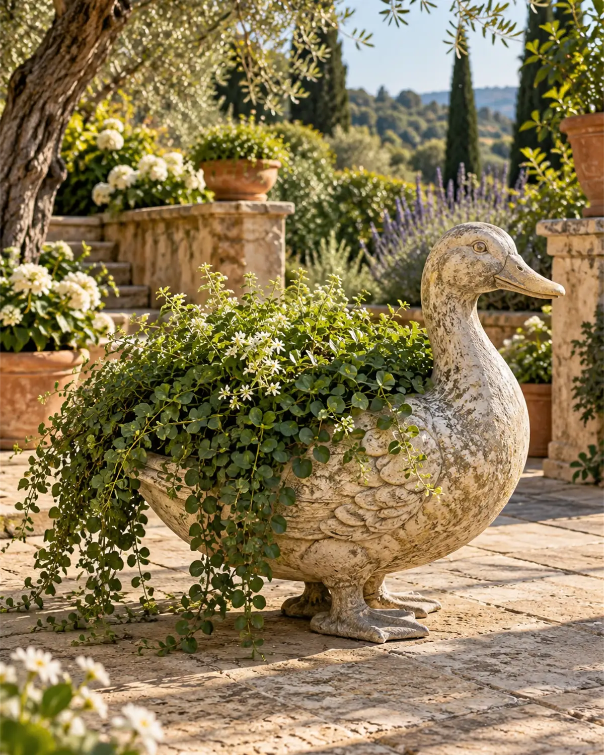 Vaso decorativo em forma de pato num jardim